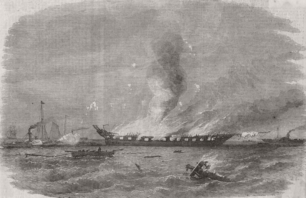 HAMPSHIRE. Destruction of Eastern Monarch troopship, Fire Spithead 1859 print